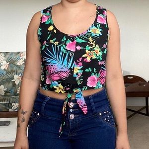 Forever  21 black sleeveless crop top with flowers.